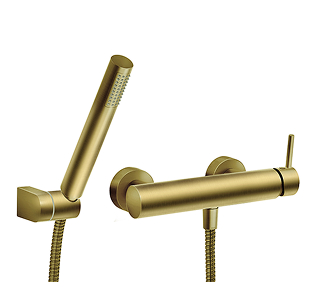 Złoty zestaw prysznicowy Ferro Ciriculus, składający się z baterii prysznicowej i słuchawki prysznicowej na wężu, z mocowaniem ściennym.
