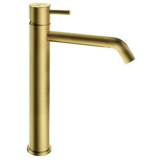 Złota bateria umywalkowa Ferro Ciriculus z cylindrycznym korpusem i cienkim uchwytem.