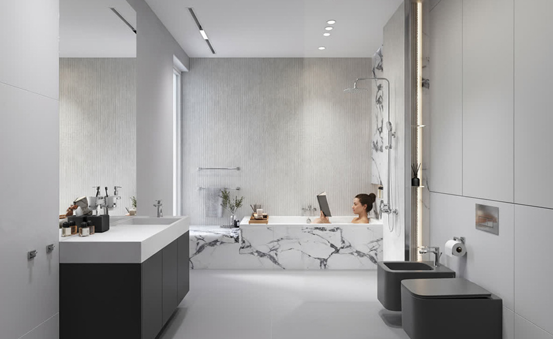 Nowoczesna łazienka z marmurową wanną, w której kobieta relaksuje się z książką; wnętrze w odcieniach bieli i szarości, z eleganckim wykończeniem i oświetleniem LED.